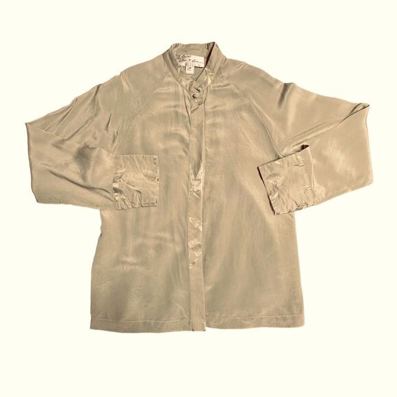 Simone Chin Chin Pale Green Mandarin Collar Blouse Size Medium - Picture 4 of 12